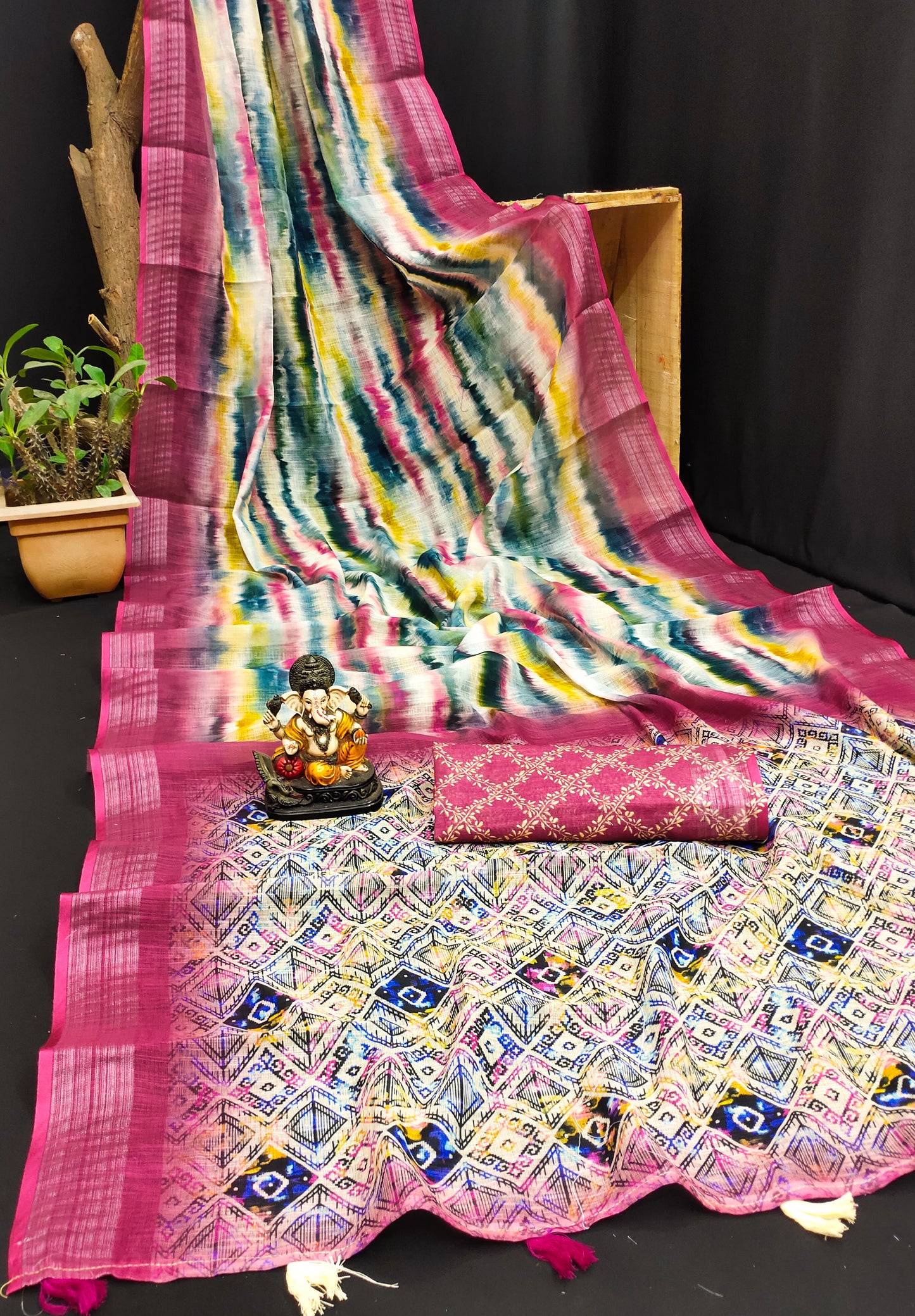Digital Printed Ikkat pallu with beautiful Tessels