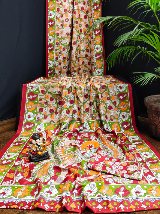 Premium and elegant semi pure Kalamkari Muslin silk drapes