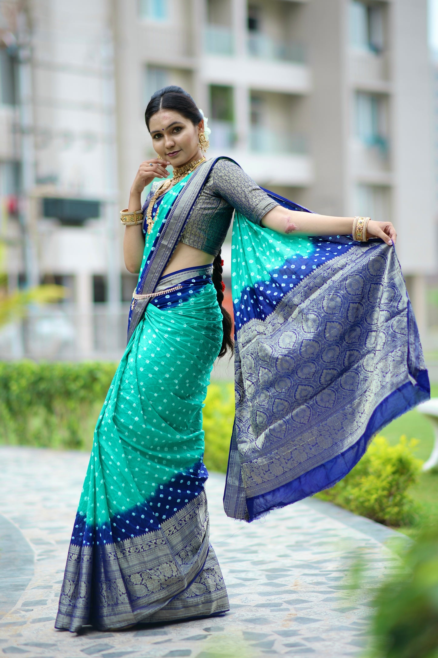 Bandhej silk drapes with Kanchipuram jari border saree